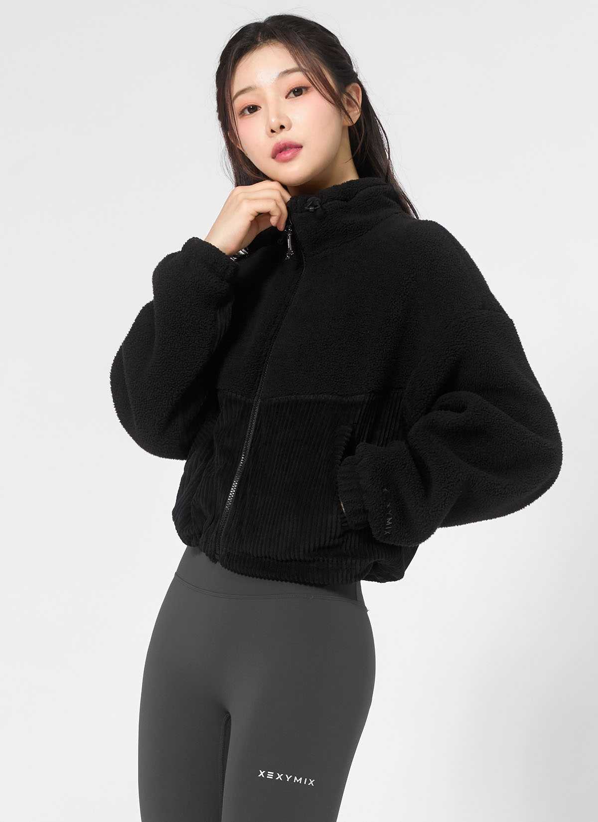 코듀로이 앤 플리스 집업 자켓 블랙 상세 이미지 2