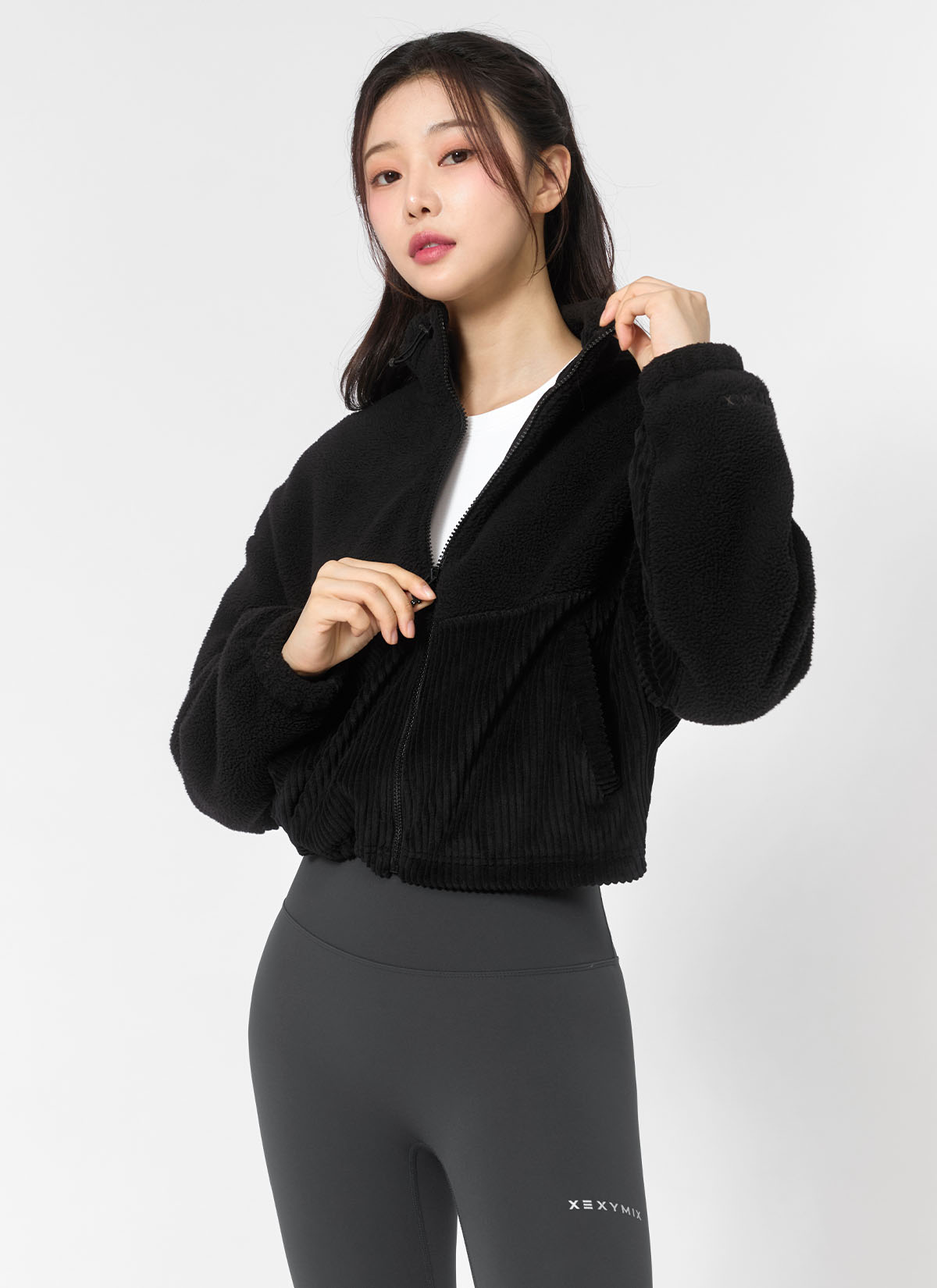 코듀로이 앤 플리스 집업 자켓 블랙 상세 이미지 4